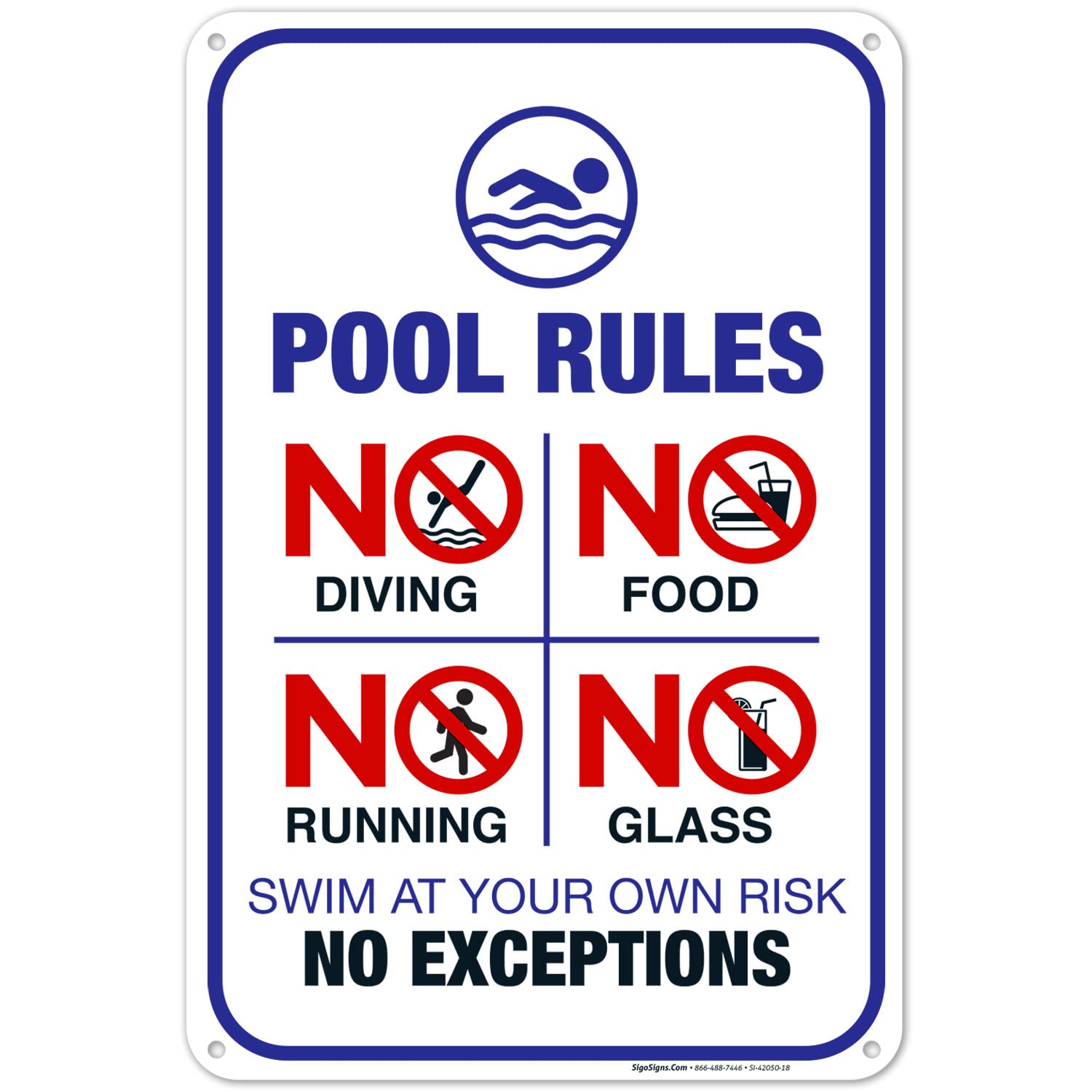 Pool Rules Sign, No Diving Pool Sign, 12x18 Inches, 55 mil thick HDPS (high density polystyrene), Made in USA by Sigo Signs