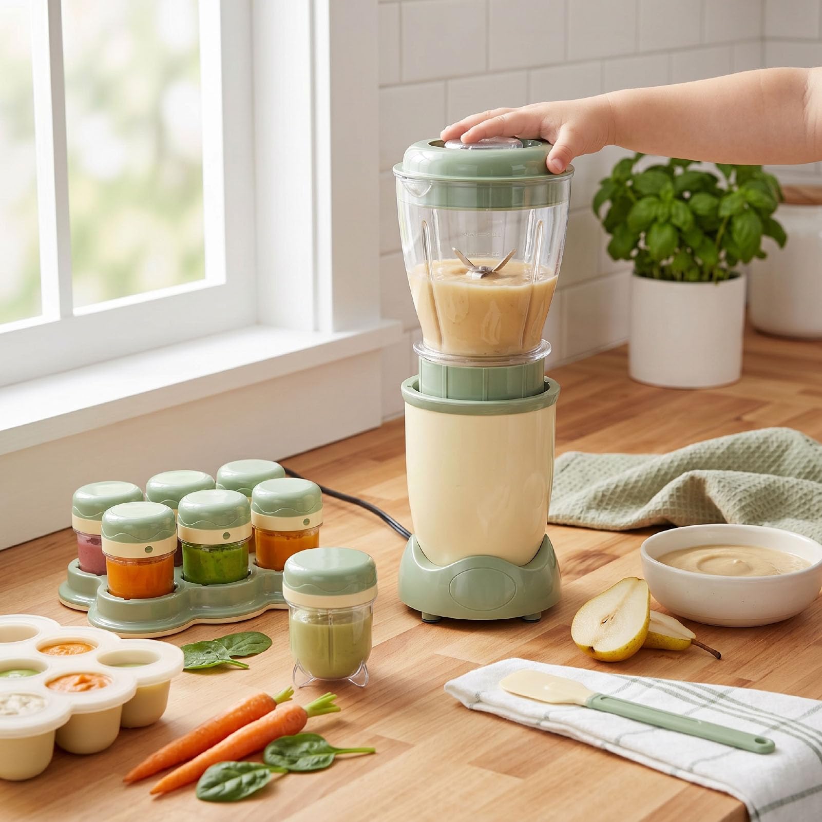 Set Preparación Alimentos Bebés con Recipientes para Partir 6 Meses (Enchufe de la UE 220V)