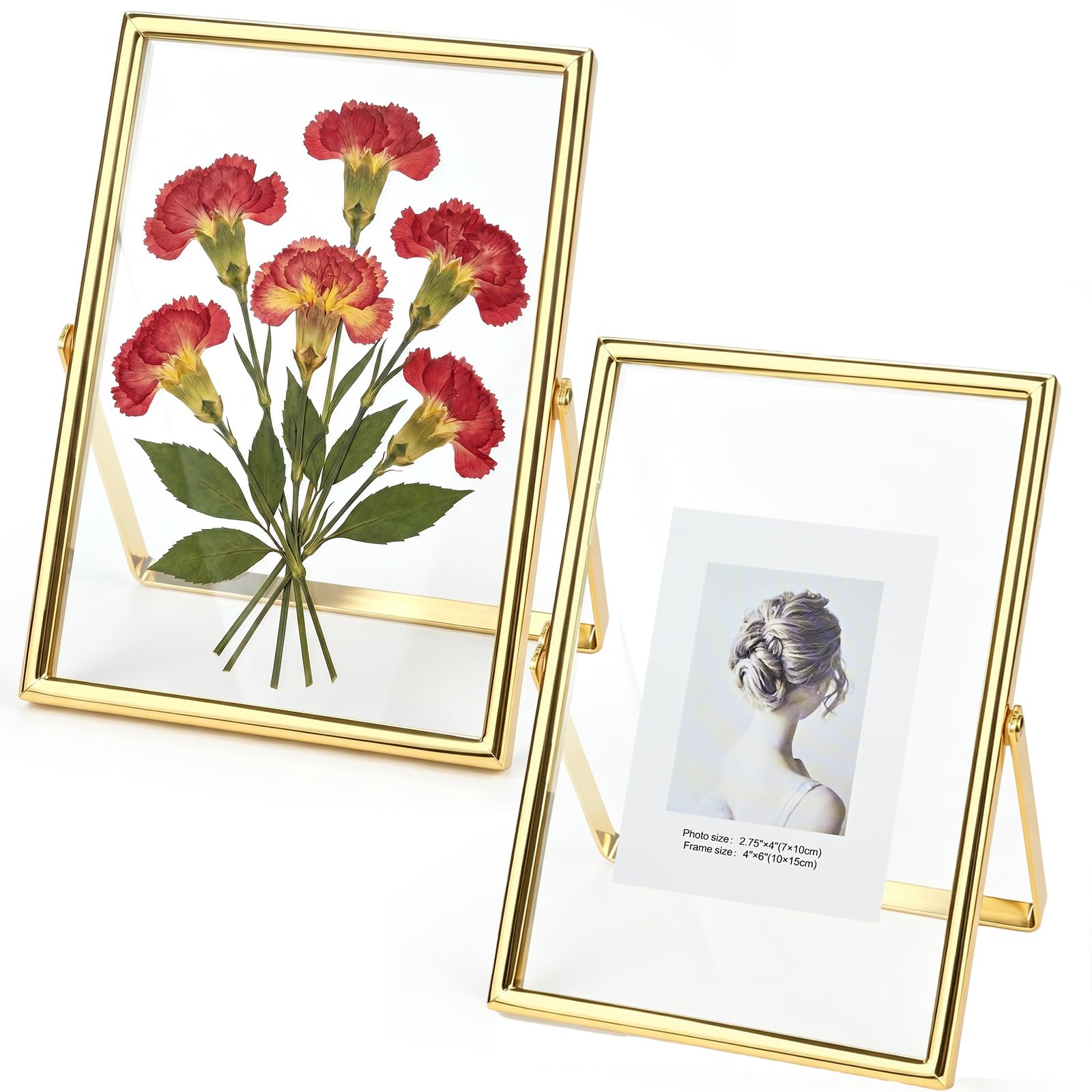 Gold Floating Photo Frame - 2Pack Double Sided Glass Picture Frames for 4x6 inches or Floating Smaller, Premium 6x4 Photo Frames with Real Glass & Metal Frame for Tabletop