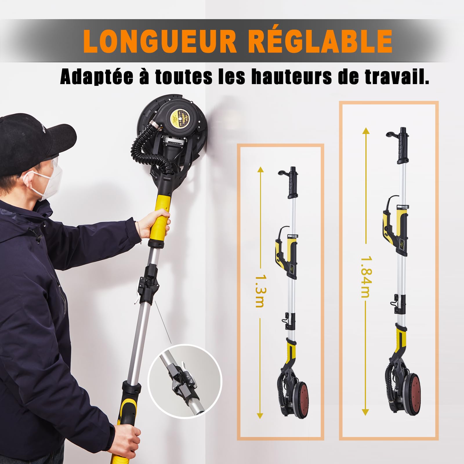 Ponceuse Girafe, Girafe Ponceuse 750W, LED Poignée télescopique Moteur, 7 Niveaux Vitesses 1800RPM Vitesse avec Dépoussiérage Automatique