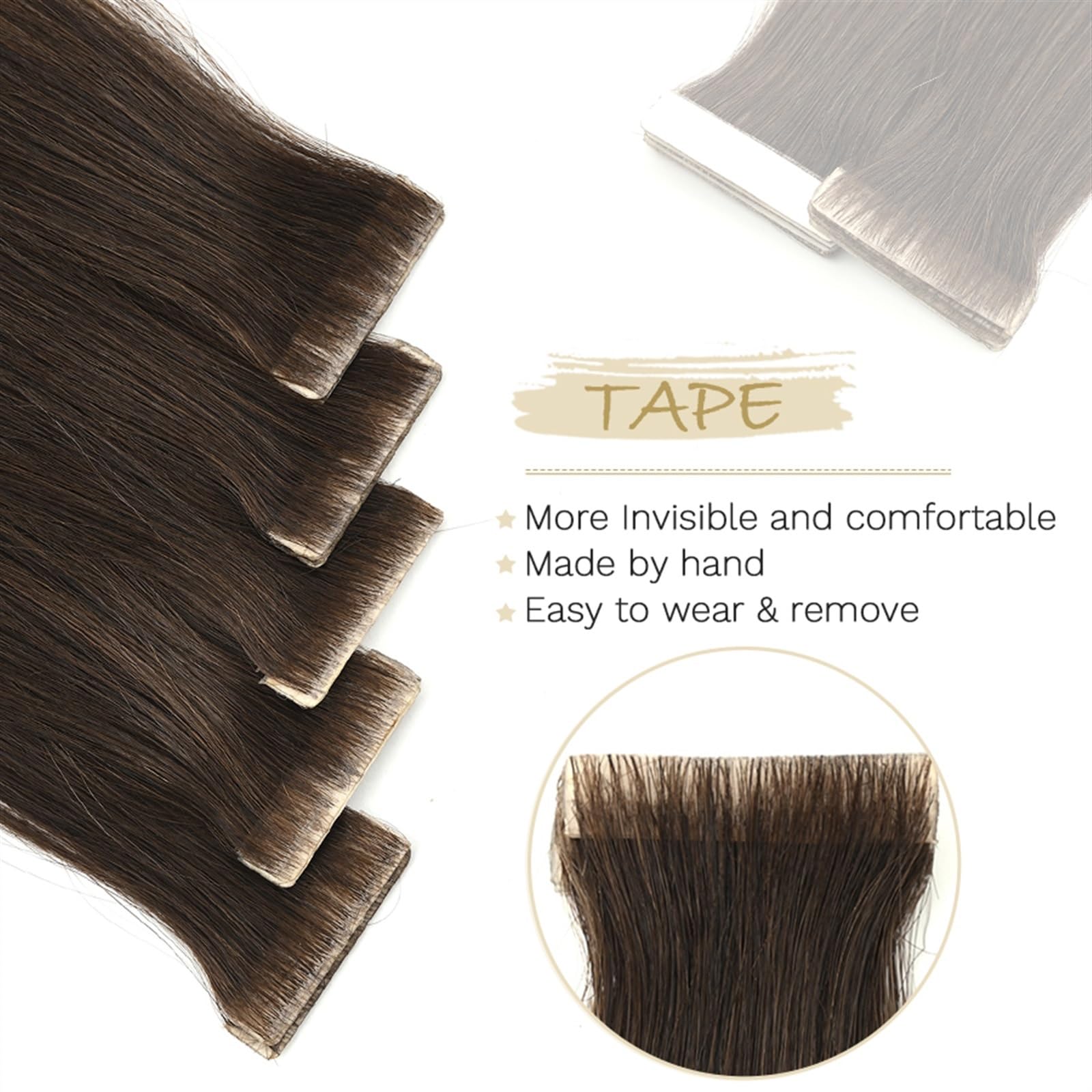 Cinta Adhesiva de Trama de Piel de PU for Extensiones de Cabello con Cinta Adhesiva de salón, Cabello Humano Real, 100% Remy, Natural, 12/16/20/24 Pulgadas, Liso(20 Inches)