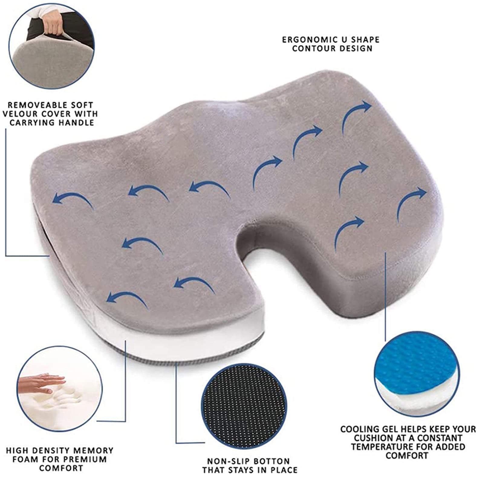 Cuscino del Sedile in Gel; Cuscino per Coccige in Memory Foam per Dolore al Coccige Sedia da Ufficio Cuscino per Seggiolino Auto Cuscino per Sedile Antidolorifico