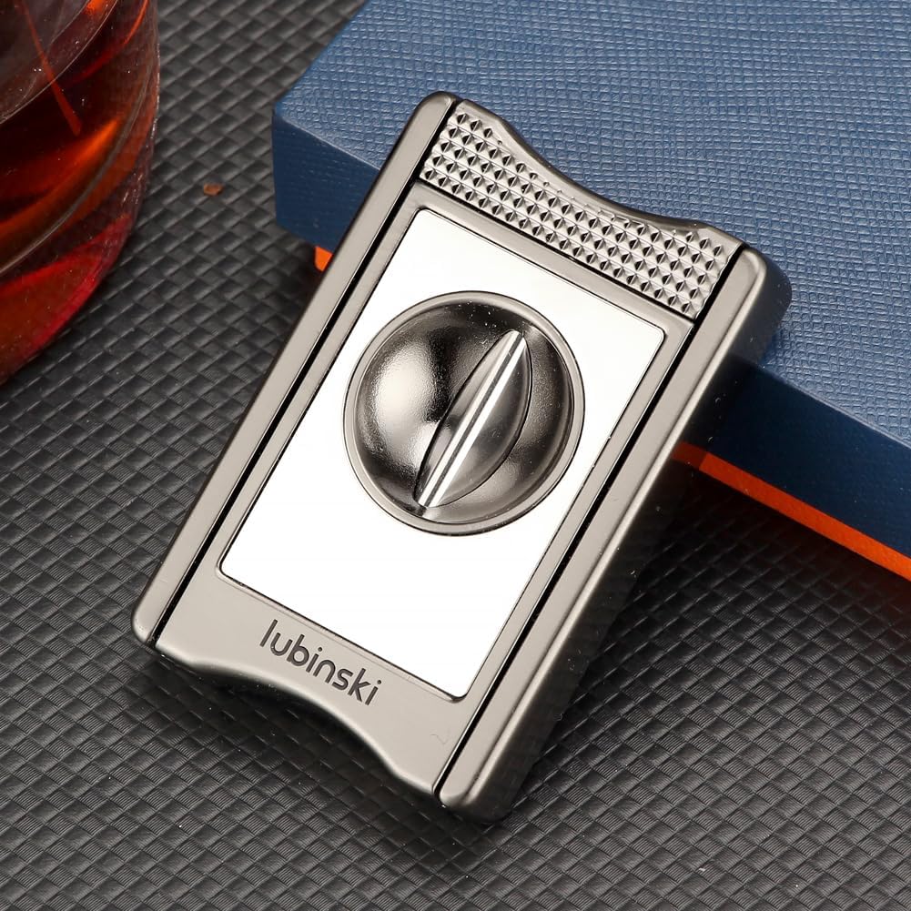 Cigar Cutter V-Cut Metal Blade Integrated Holder Support Portable Pocket Smoking Tool Manual Case(White)