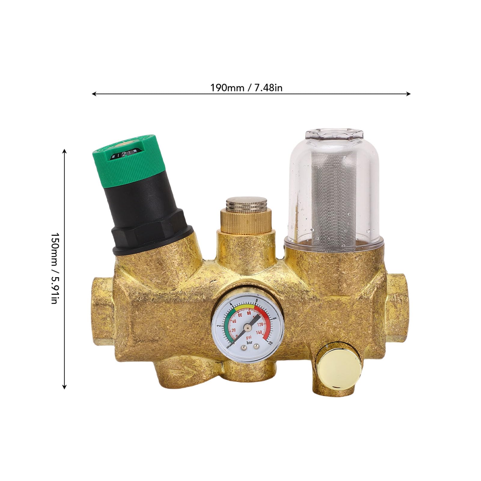Ausla Válvula Reductora de Presión de Tubería Regulador de Presión de Agua de Latón con Manómetro de Filtro de Acero Inoxidable 316L Ajustable de 3 a 6 T H para Plomería de Toda la Casa (1/2 pulgada