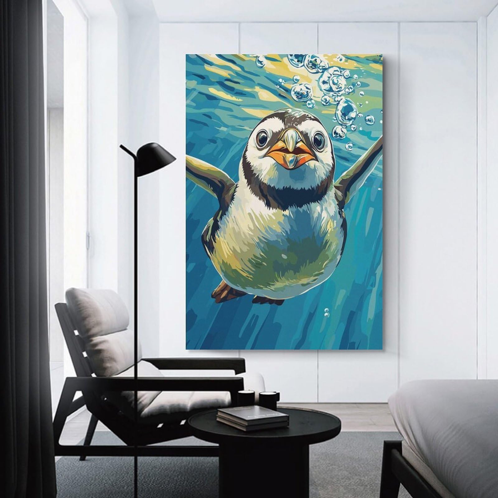 Junmoney Unframe-Style-2 Wall Picture Print Penguin Swimming Underwater Illustration, 24X36inch(60X90cm), For Contemporary Homes, Apartments Or Offices, Decorative Canvas Decor For Home Updates
