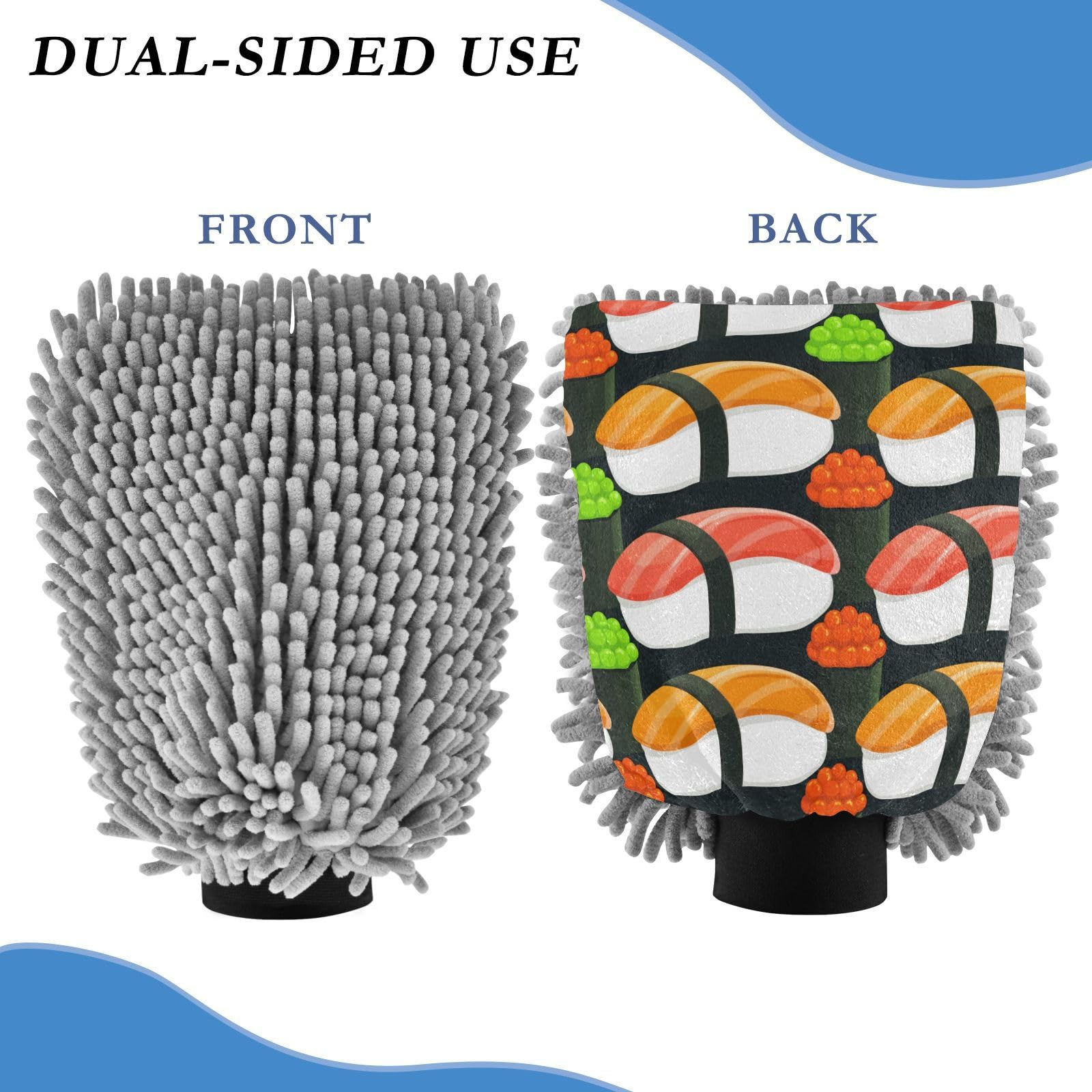 Kigai Delicious Sushi Car Wash Mitt Microfiber, 2Pcs Scratch Free Lint-Free, Premium Chenille Microfiber Mitt Car Wash Brush-L