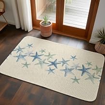 Absorbent Door Mat,Blue Green Sea Starfish Faux Linen Doormat,Washable Non-Slip Entrance Rug Marine Life on Retro Linen Welcome Front Mat for Indoor Outdoor Entryway Kitchen,31"x47"