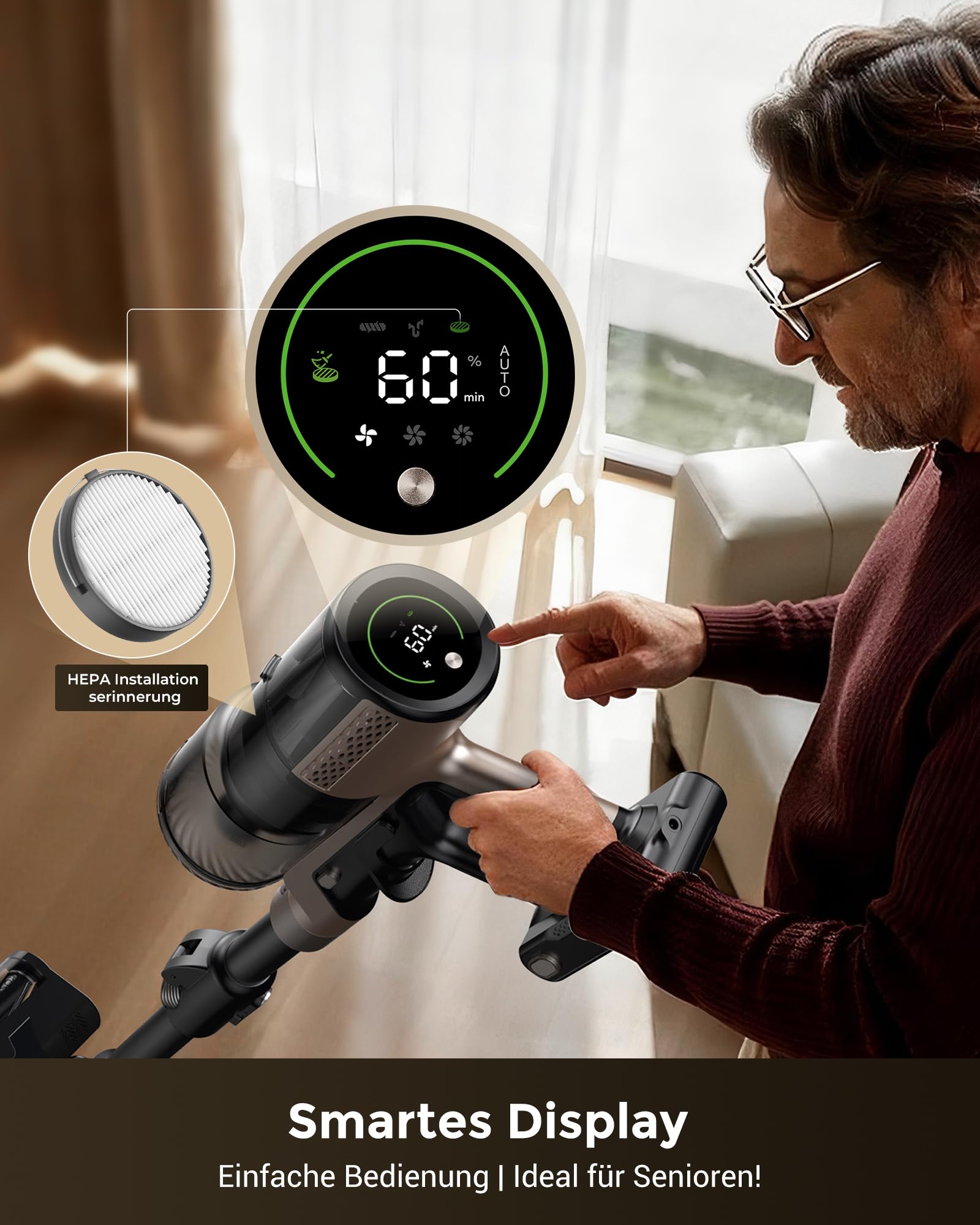 Proscenic P20+ Staubsauger mit Wischfunktion, 70 KPa 70 Mins 680W Akku Staubsauger Kabellos mit Selbststehend Wandladestation Anti-Tangle 6 Schichten Filter 1,5L, für Teppiche Haustierhaare