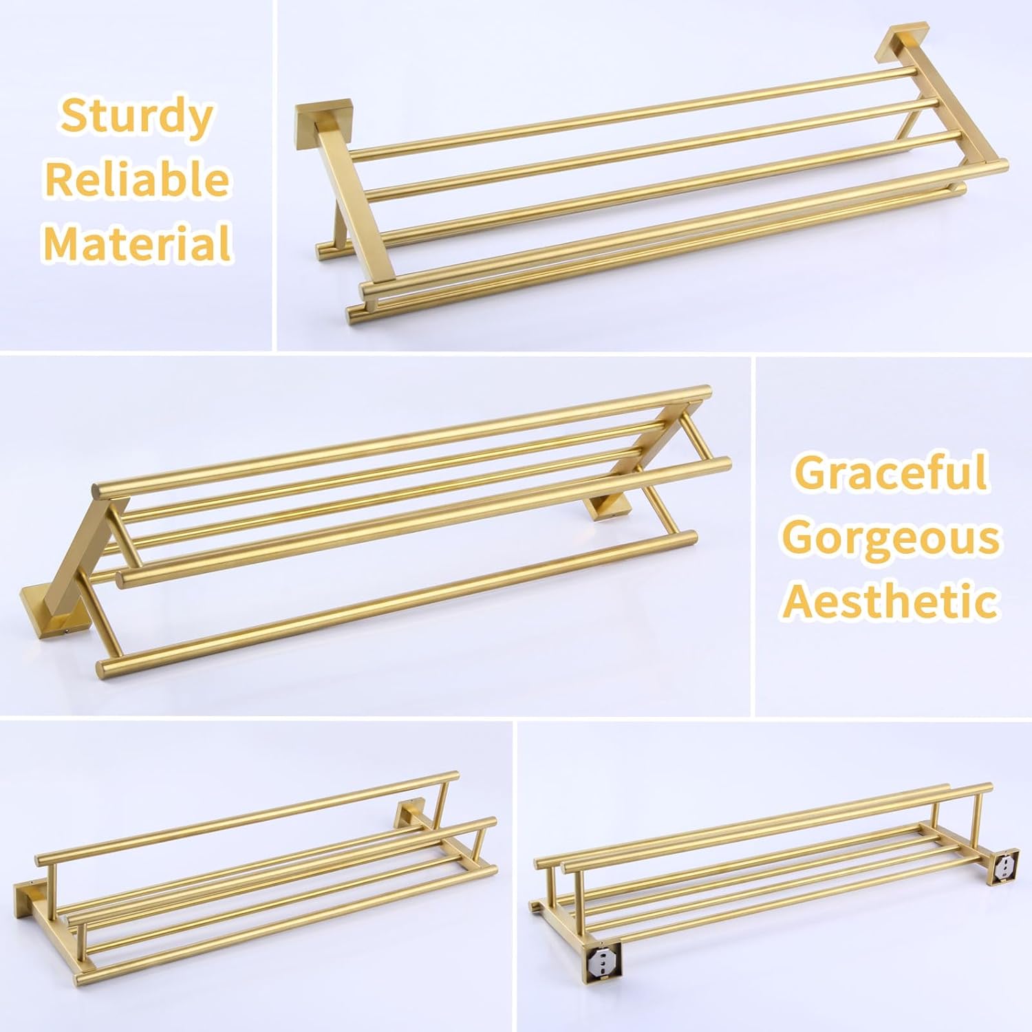 Brushed Gold Wall Mounted Double Towel Rack with Shelf
