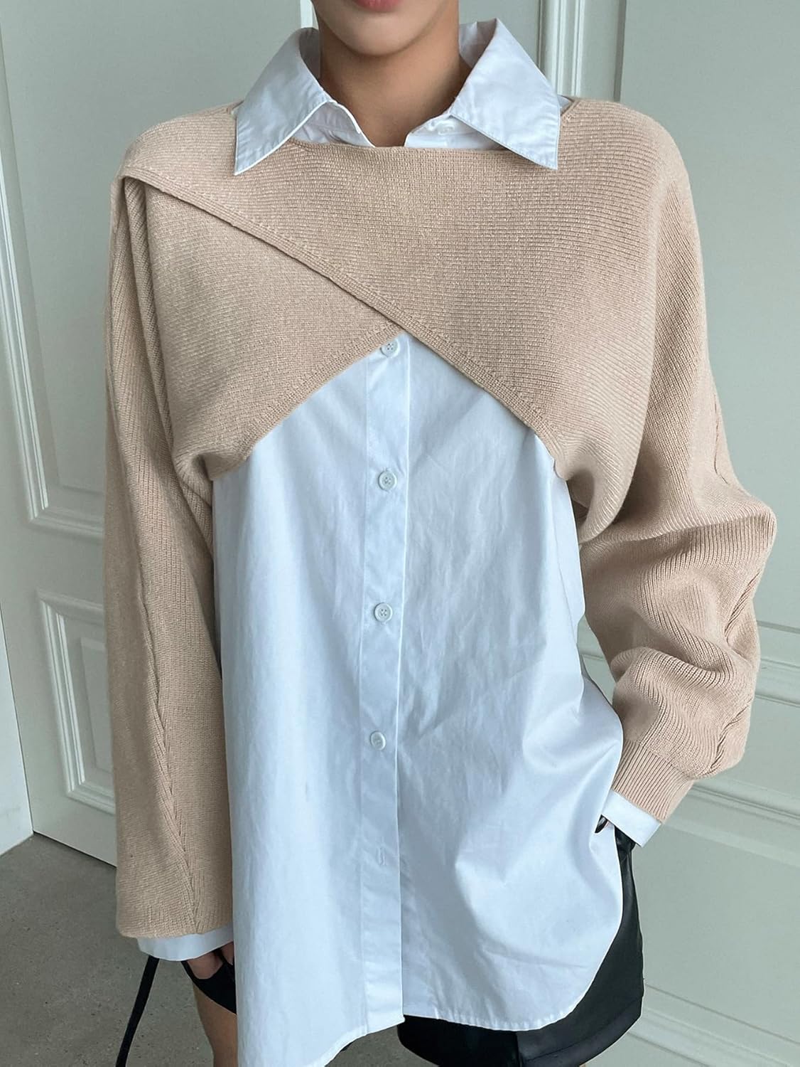 Women's Sweater Wrap Hem Batwing Sleeve Crop Sweater Without Blouse Sweater for Women (Color : Khaki, Size : Medium)