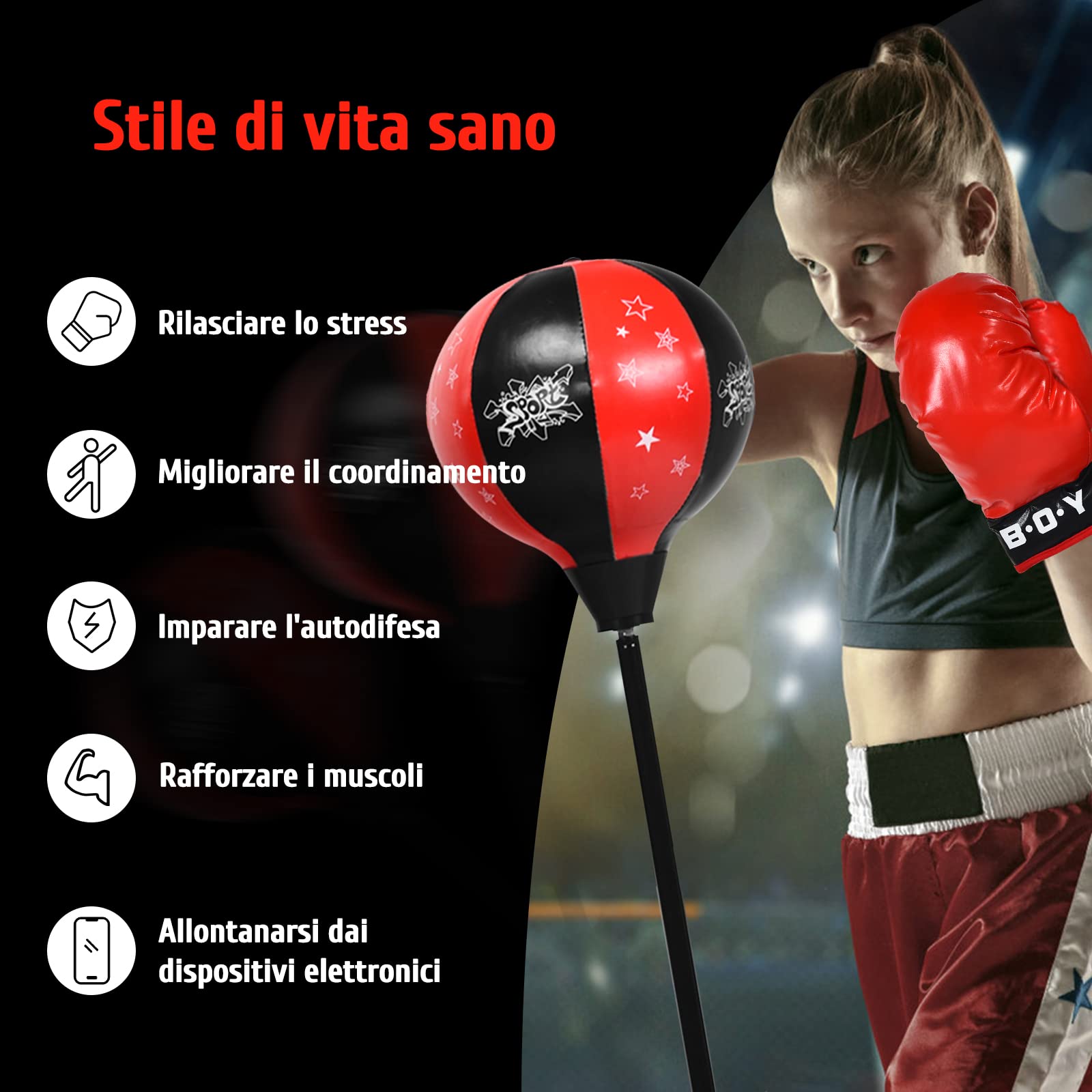 COSTWAY Punching Ball per Bambini e Adulti, Pungiball con Guanti e Pompa Manuale, Sacco da Boxe da Terra Altezza Regolabile 85-130cm
