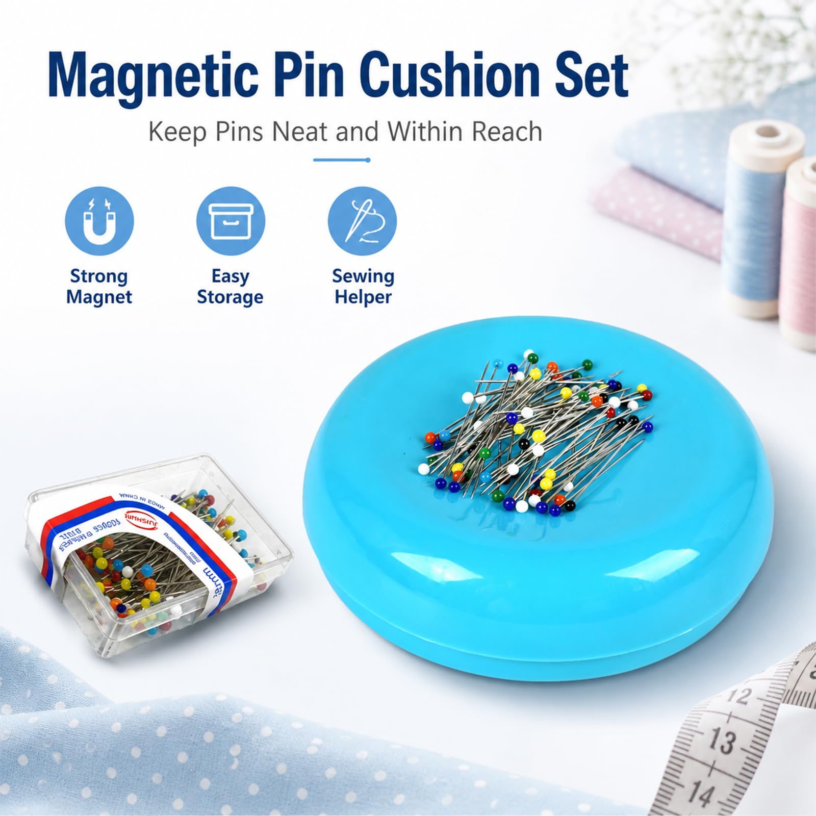 Dolstar Cojín magnético con 100 pines de cabeza de plástico, soporte magnético para coser acolchado (azul)
