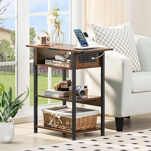 Miniatura 4 de Lerliuo Mesa auxiliar con estación de carga, mesa auxiliar estrecha con puertos USB y tomas, mesita de noche delgada marrón con estante de