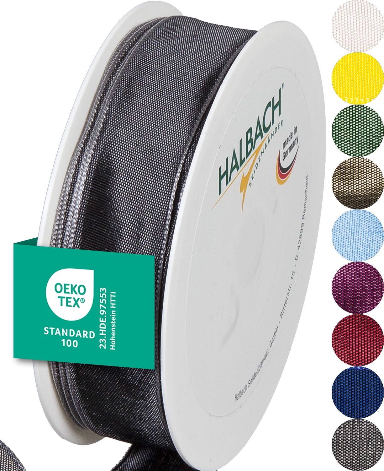 Halbach Seidenbänder Premium Geschenkband mit Drahtkante | Breite 25mm Länge 25m | Öko-Tex 100 zertifiziertes Schleifenband | Taftband Made in Germany, Farbe: dunkelgrau