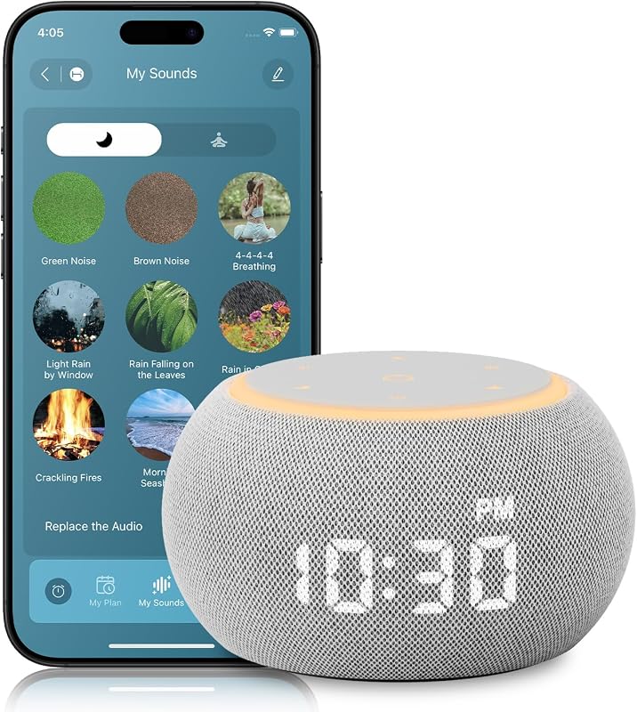 Máquina de Sonido para Dormir Máquina Inteligente de Ruido Blanco para Adultos 507 Sonidos | Santebee-máquina para dormir con temporizador de luz nocturna, alarma y repetición de doble etapa, 2 botones personalizados, reloj regulable con Control por aplicación para bebés y niños