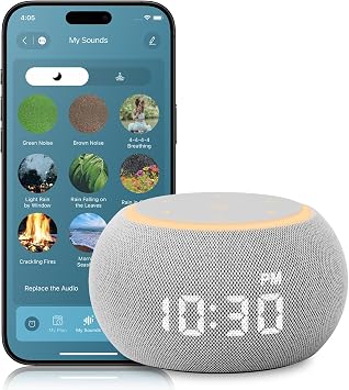 Santebee Sound Machine for Sleep Smart White Noise Machine for Adults Night Light, Luna Pro 507 Soothing Sounds, Dual-stage Alarm&Snooze, Custom Buttons, App Control Dimmable Clock Timer for Baby Kids