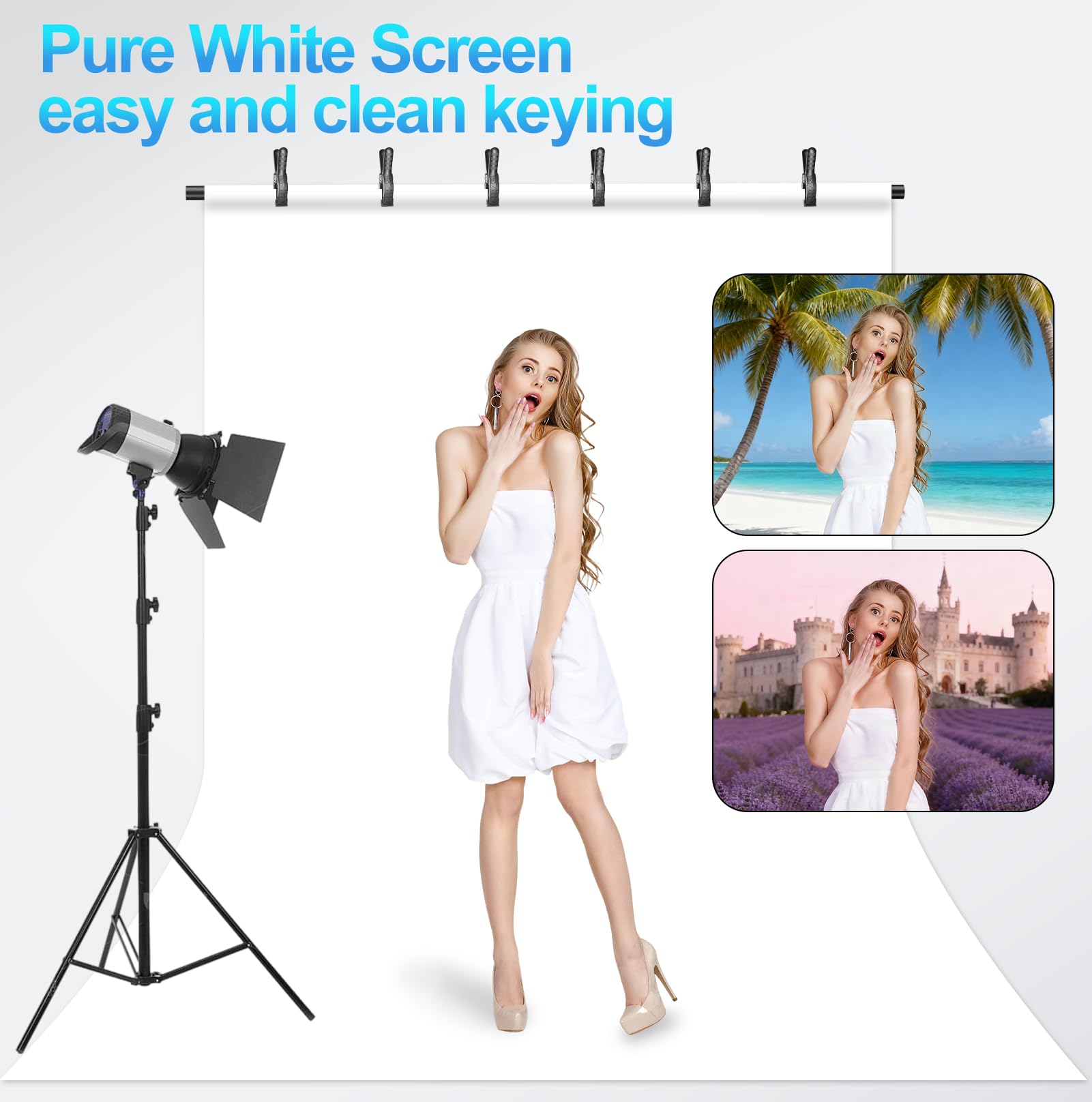 Kit Fondale Schermo Bianco, 1,52 x 1,98 m Sfondo Bianco per Fotografia con Supporto Portatile a Forma di T per Studio Fotografico, Matrimonio, Festa, Decorazione