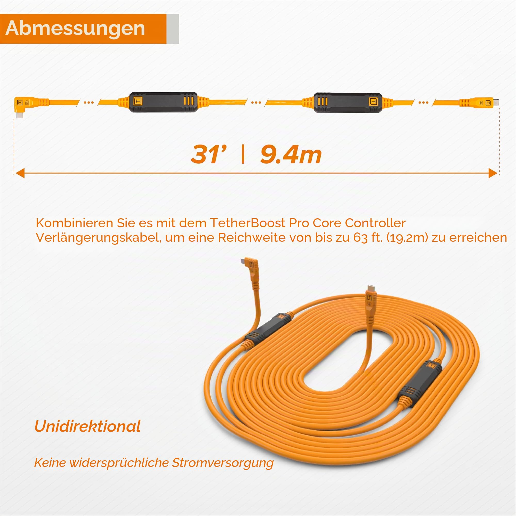 Tether Tools TetherPro USB-C auf USB-C rechter Winkel orange 9,4m