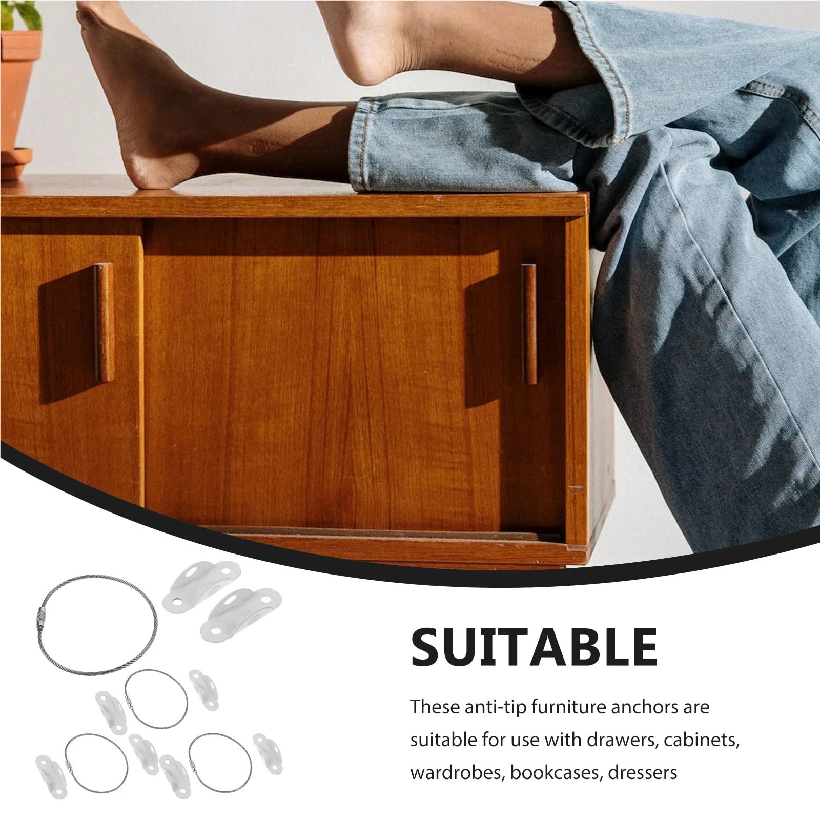 Anclaje de pared para muebles, 30 piezas, kit de correas de seguridad, anclajes de pared, cerraduras de gabinete, estanterías, accesorios de armario (negro)