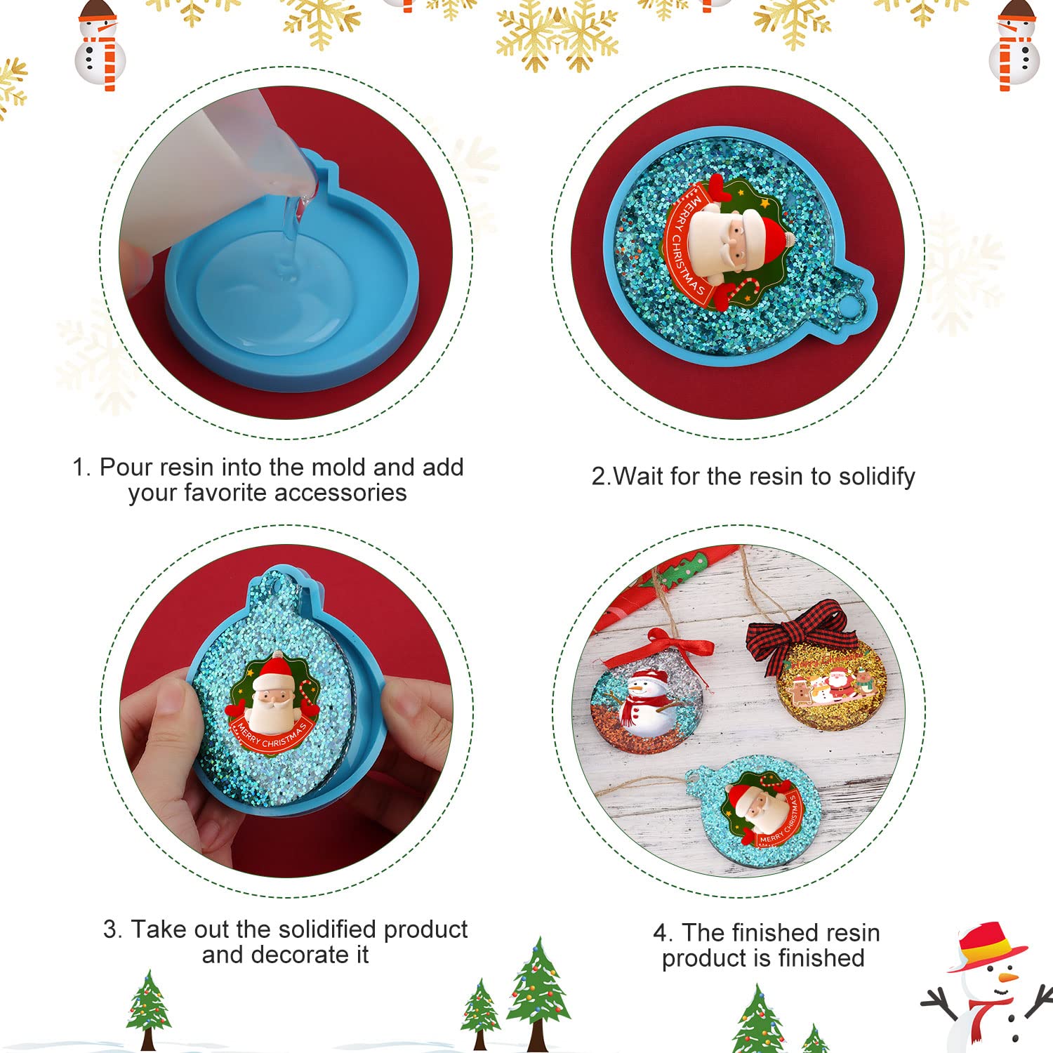 LUTER Christmas Resin Molds Silicone, 4pcs Resin Ornament Molds Christmas Pendant Molds with Hanging Hole - Image 4