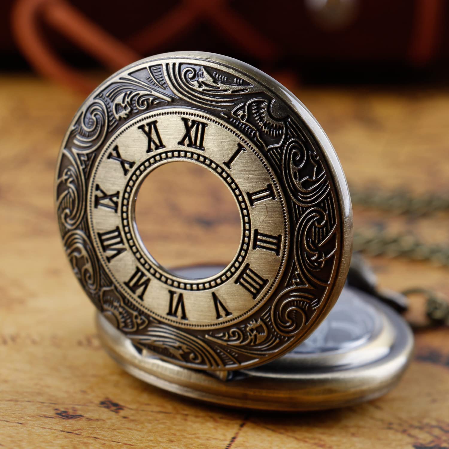 zegarek kieszonkowy， Vintage Roman Number Quartz Steampunk Zegarek kieszonkowy z łańcuszkiem dla mężczyzn Urodzinowe prezenty świąteczne(Bronze)