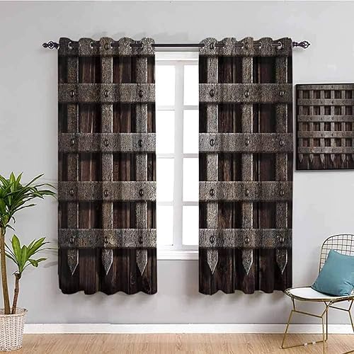 Miniatura 2 de Cortina de ventana de pared de castillo medieval de madera griega de mediados de siglo, cortinas opacas con estampado de estilo industrial retro, 2