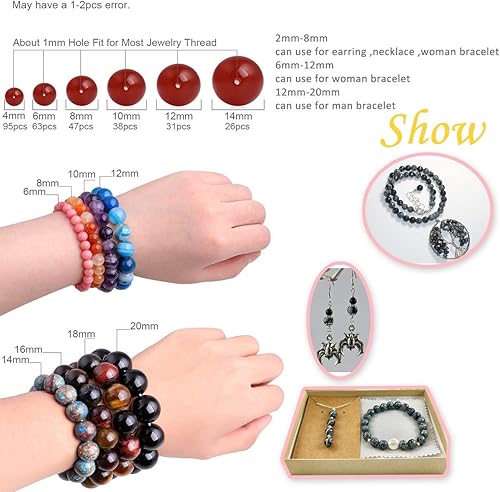 Miniatura 6 de GEM-Inside - Cuentas pequeñas de piedra natural de 0.394 pulgadas (0.394 in) de obsidiana negra, copo de nieve, jaspe esmerilado para hacer joyas,