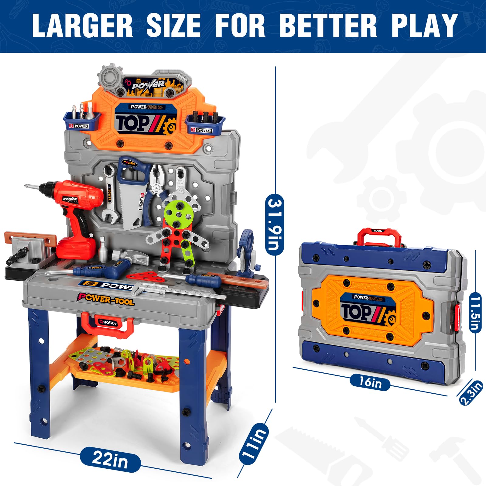 TooyBing Kids Tool Bench Set with Electric Drill and Realistic Tools, Construction Workbench Playset Toy for Toddler 3-5, Easy Set up, Kids Boy Toys, Birthday Gifts for Boys Age 2 3 4 5 Year Old