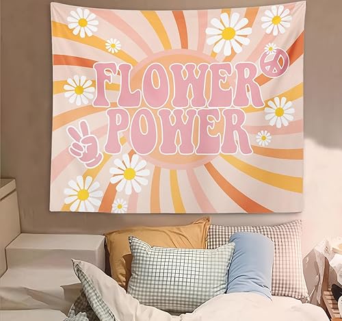 Miniatura 3 de OXW Groovy Classroom - Tapiz hippie retro de los años 70 para colgar en la pared, decoración de pared de arte hippy, letrero de paz con margaritas,