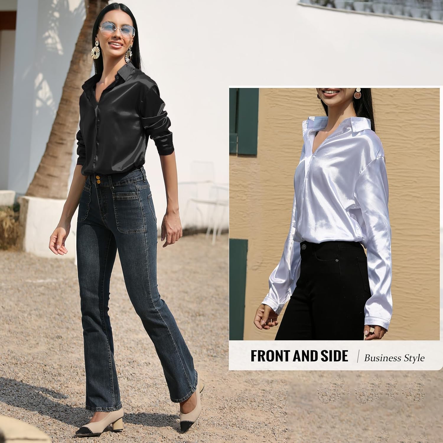 Women's Long Sleeve Satin Shirt - Silk-Like Elegant Dress Shirt with One Collar Button Closure for Office Ladies - Image 5