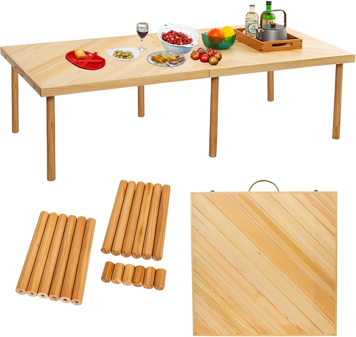 60″x30″ Boho Wooden Picnic Table, Portable Outdoor Low Picnic Table with Adjustable Legs 13″ & 16″ for Floor Seating, Beach, Camping, BBQ, Backyard, 60x30in Seating for 8 People