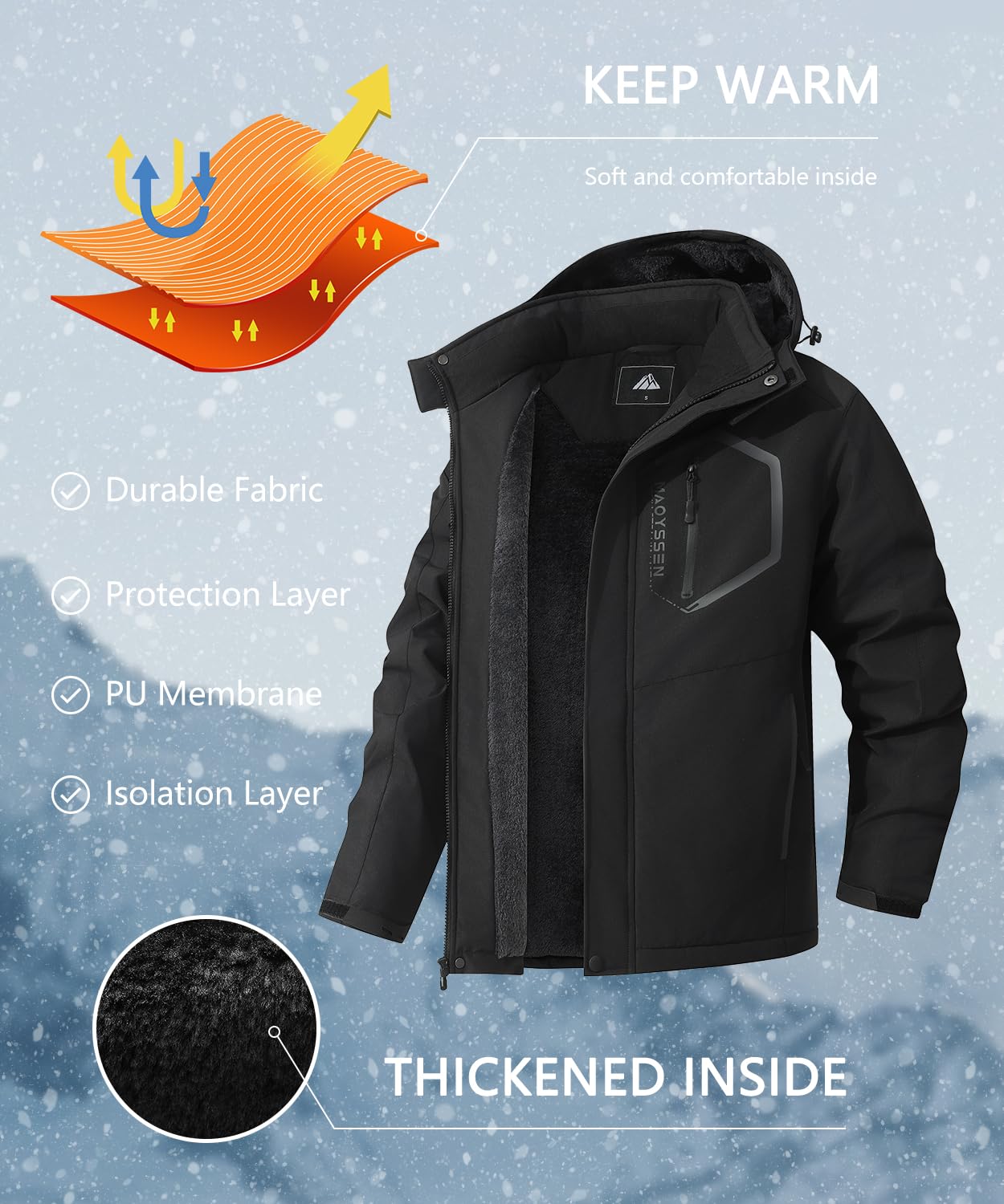 Men's Mountain Ski Jacket Winter Snow Coats Waterproof Warm Fleece Lining Jacket Parka with Hooded