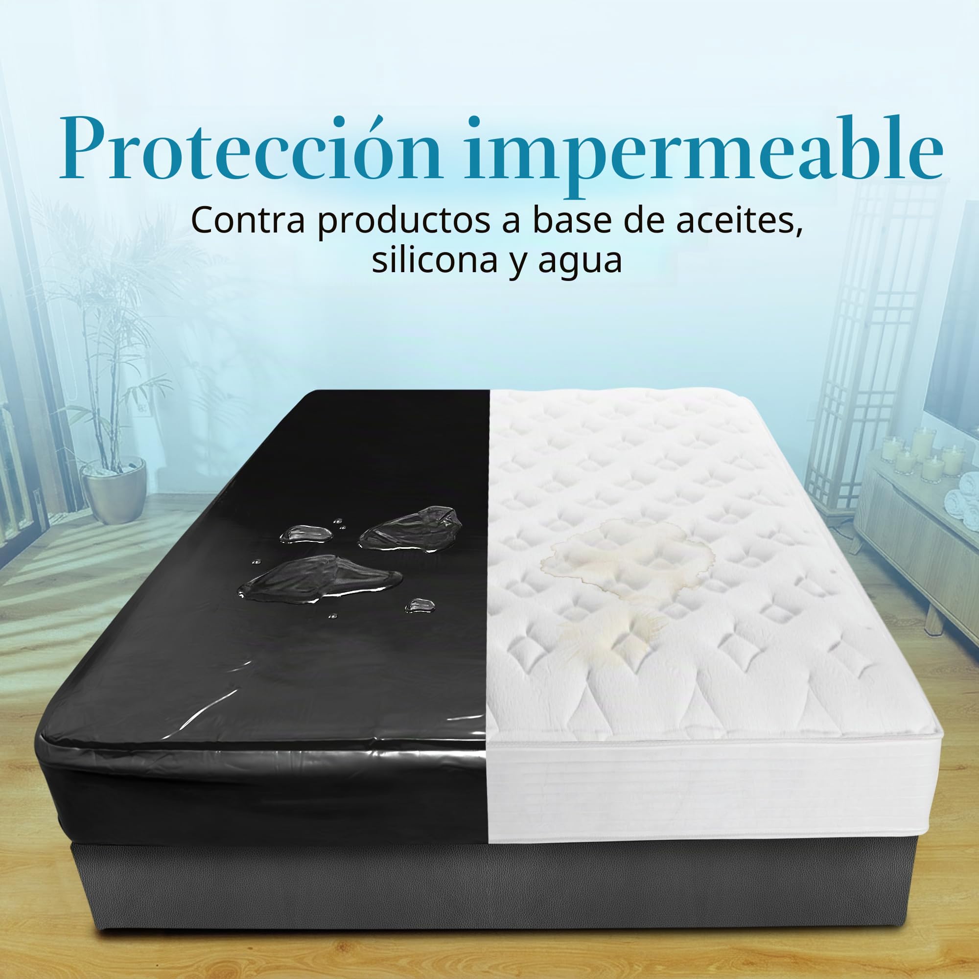 Sábana de Masaje Impermeable de Vinilo Negro tamaño King con Bolsillo Lateral, Protector de colchón, cubrecama para masajes Nuru - Seguro para aceites, lubricantes a Base de Agua y de Silicona