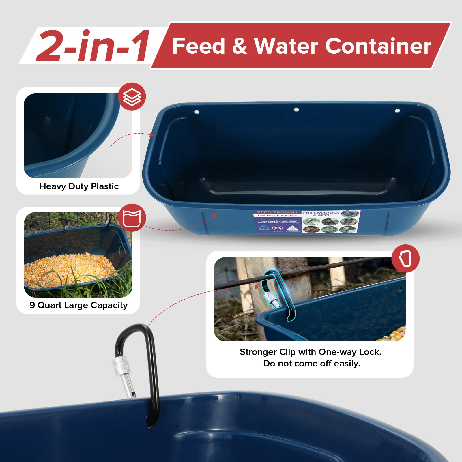 Goovilla Comedero Grande, comedero de Valla Colgante o atornillado con Clips, Paquete de 2 Suministros de alimentación de Cabras de 9 Cuartos de galón, para Perros, Caballos, Cerdos, Ganado, Aves de