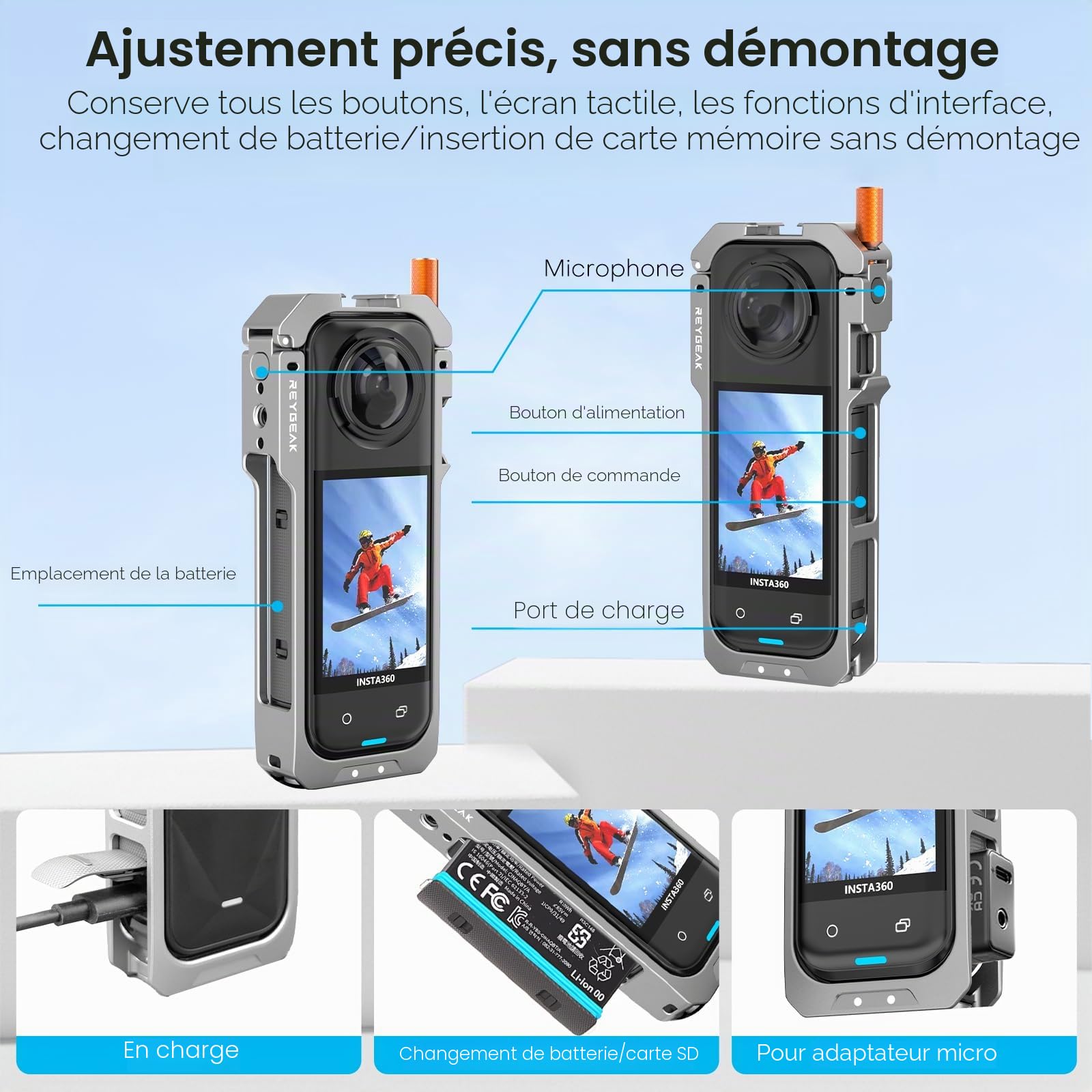 REYGEAK pour Insta360 X5 Cadre d'utilité,Cage de caméra en Aluminium pour Insta360 X5,Boîtier Protecteur avec Couvercle de lentille en Silicone,Boîtier Protecteur avec 1/4 Fil Doits pliants