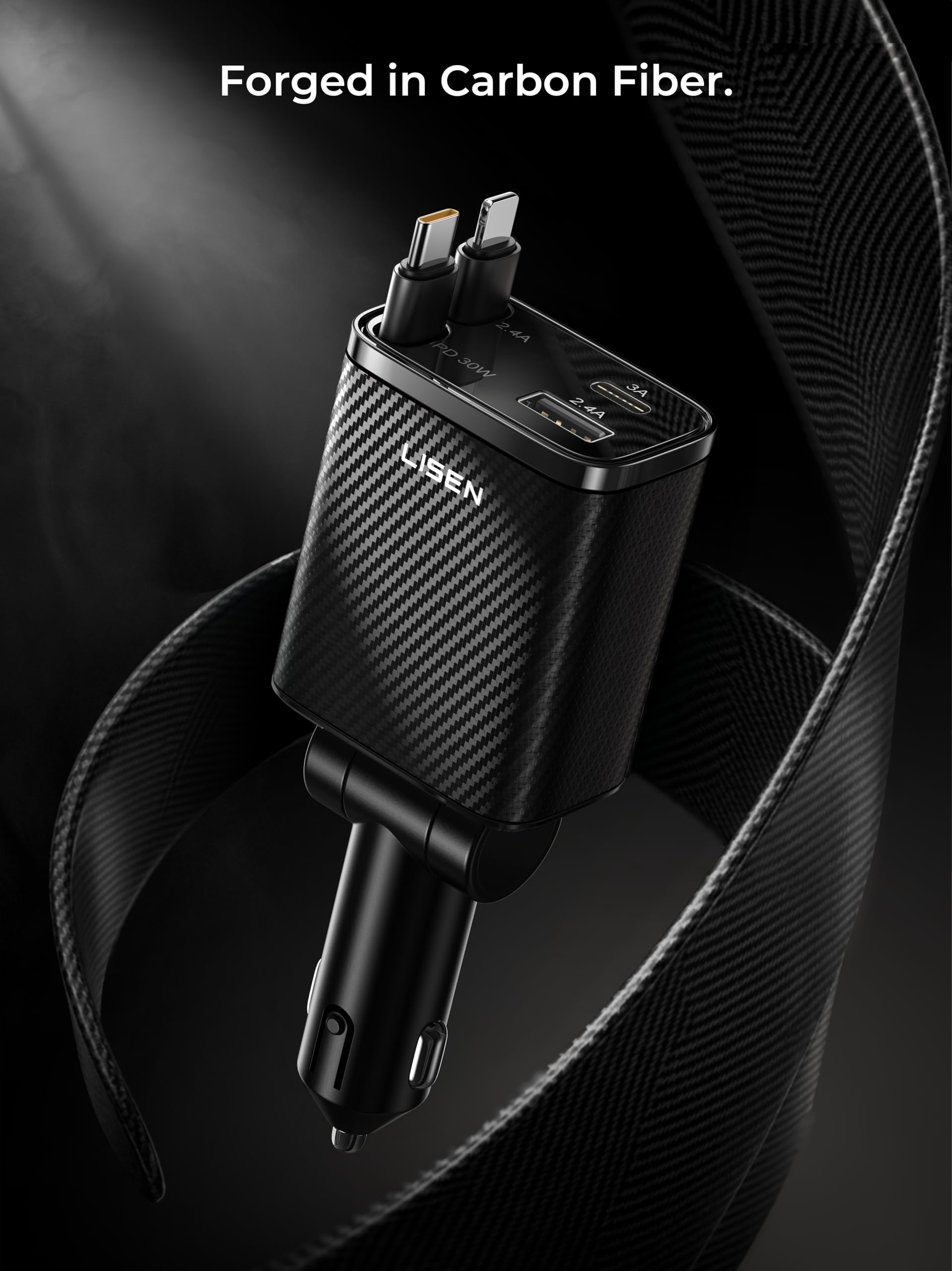 LISEN Retractable Car Charger, 84W Car Charger USB C Fast Charger Adapter, Car Accessories for Men Women, Gifts for Fathers Day for Men Dad Husband, for iPhone 17 16 15 14 13 12 Pro Max, Carbon-Black view 2