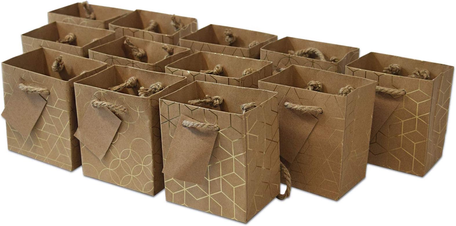 OccasionALLMini Gift Bags with Handles, Brown Gold Paper Tote for Christmas, Holidays, Cards, Weddings, Birthdays, Shopping, Bulk, 4x2.75x4.5, 12 Pack