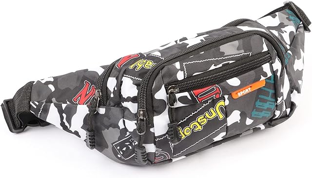 NiCoLa Bum Bag Camo Waist Bag for Boys, Waterproof Fanny Pack Crossbody Bags with Adjustable Belt, Casual Waist Bag for Running Dog Walking Cycling Hiking Outdoor Travel (Grey)