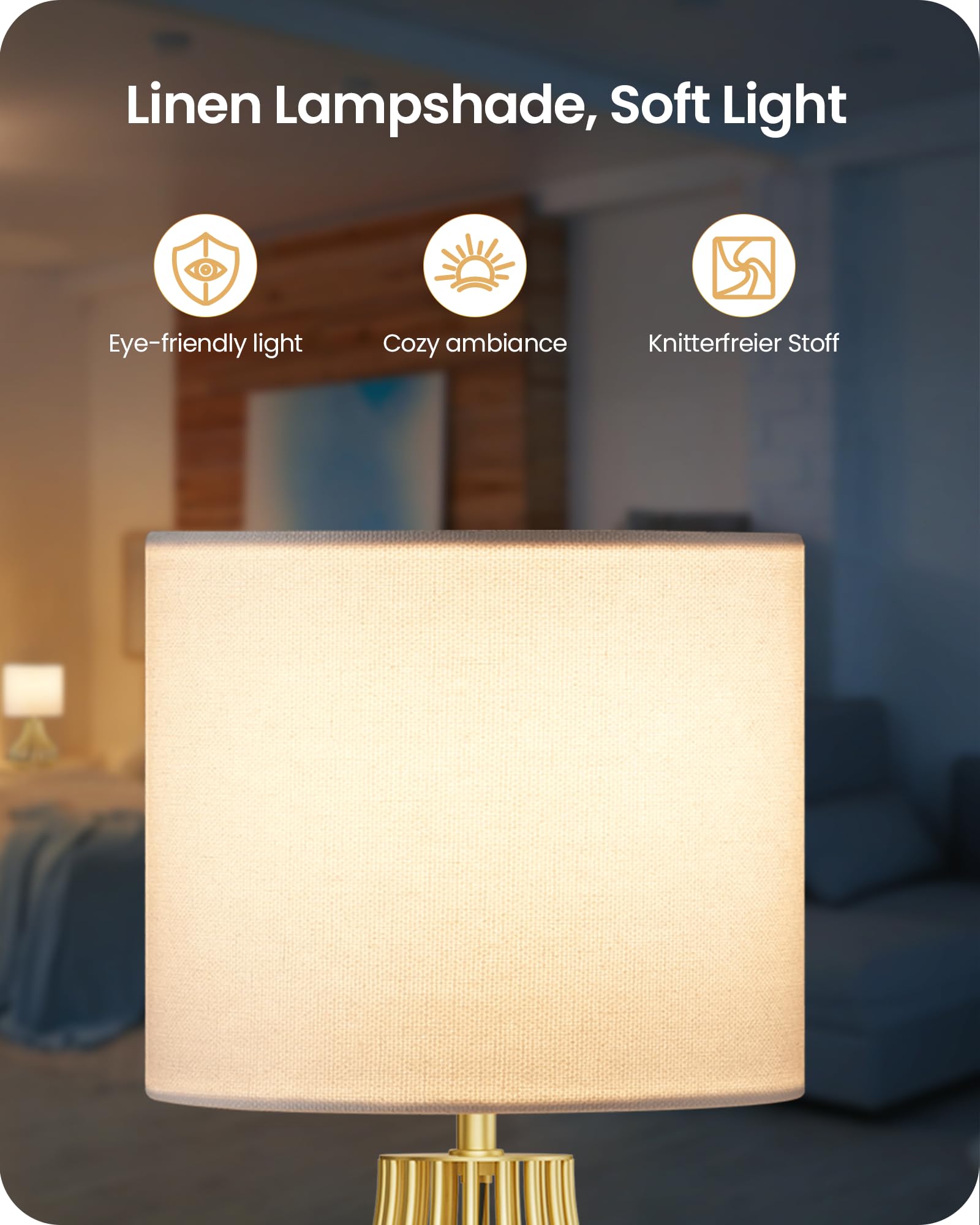GOEBELSON Bedside Lamp, Gold Table Lamp with Metal Cage & White Linen Lampshade, Modern Bedside Lamps - Image 3