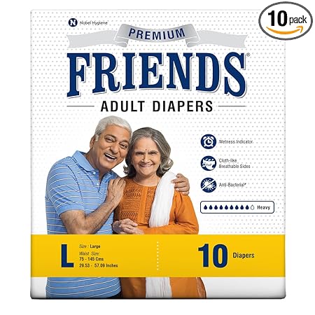Friends Premium Adult Diapers Tape Style - 10 Count (Large) with odour lock and Anti-Bacterial Absorbent Core- Waist Size 29.53-57.09 Inch ; 75-145 Cm
