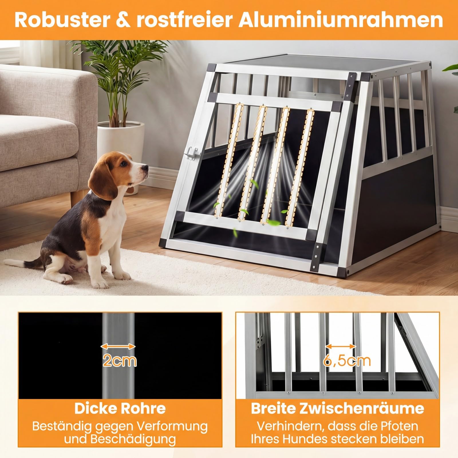 COSTWAY Hundetransportbox, Alu Hundebox mit abschließbarer Tür, herausnehmbarer Trennwand, Reisebox, Hundekäfig trapezförmig für Auto, LKW & Camping, 70 x 54 x 51 cm
