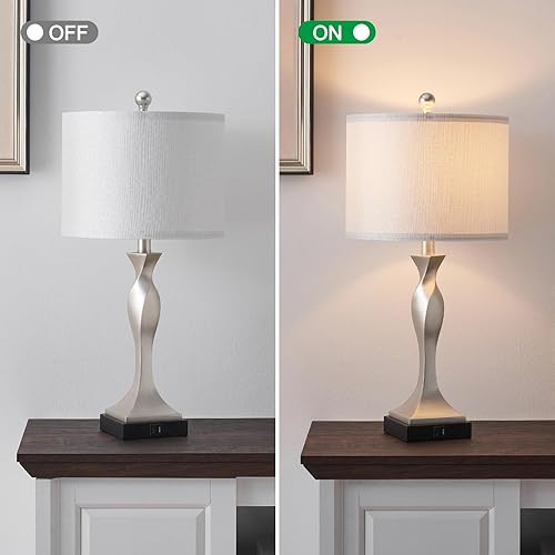 Miniatura 4 de KAWOTI Juego de 2 lámparas de mesa de noche de 25.6 pulgadas con puertos USB y CA, lámparas de mesa plateadas con pantalla de tela (bombillas