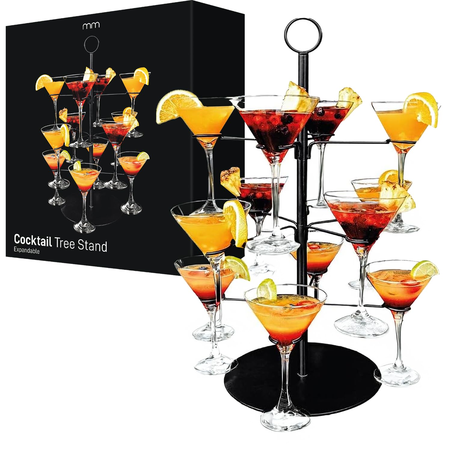 Mikamax Présentoir à Cocktails – Arbre à Boissons à 3 Niveaux Extensible pour 12 Verres – Noir Mat 55,5 cm – Support de Fête pour Cocktails, Champagne et Vin – Facile à Assembler