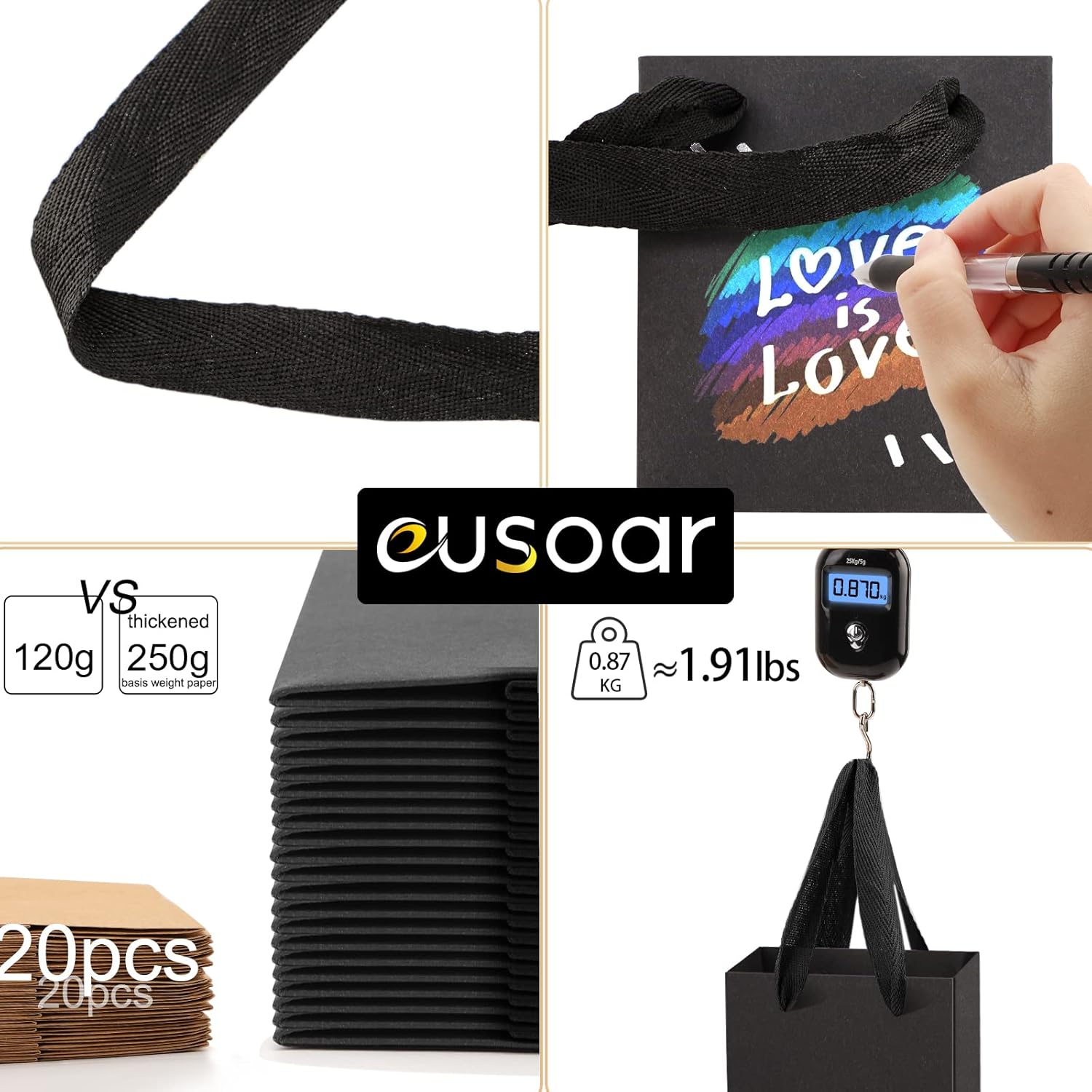 EUSOAR Black Mini Gift Wrap Bags, 50 Pack 4x2.75x4.5 inches Paper Bags with Handles, Heavy Duty Totes Bulk for Wedding, Grocery, Boutique, Retail, Business, Party Favors, Baby Showers, Birthdays