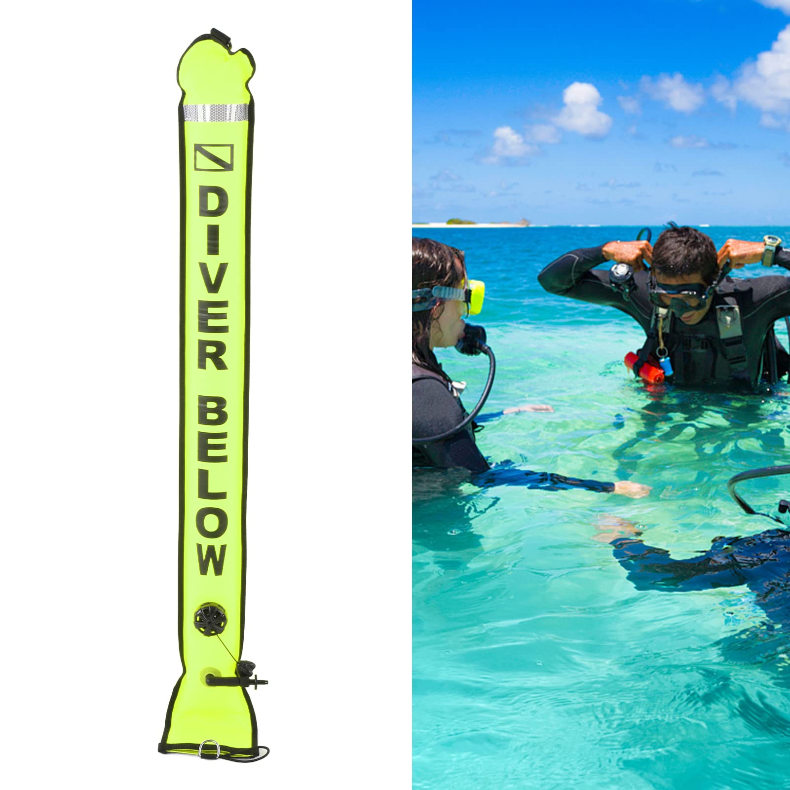Boya de Marcado de Buceo 120 x 15 cm Marcador de Superficie de Buceo de Alta Visibilidad con Cinta Reflectante y Bandera de Buceo