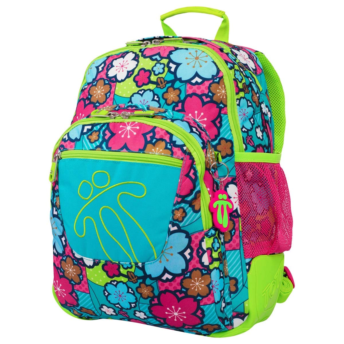 Totto - Zaino per la scuola, modello Crayoles, capacità 20 L, beauty case e borsa per scarpe removibili, tasca per bottiglia, schienale ergonomico con flusso d'aria, stampa fiori verdi