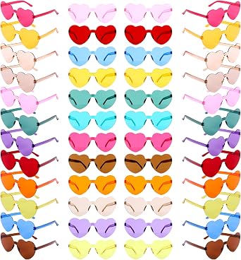 48 Pack Heart Shaped Sunglasses 12 Colors Unbreakable PC UV400 Protection, Trendy Rimless Glasses for Women Men Kids, Bulk Party Accessories for Beach Vacation Birthday Photo Props