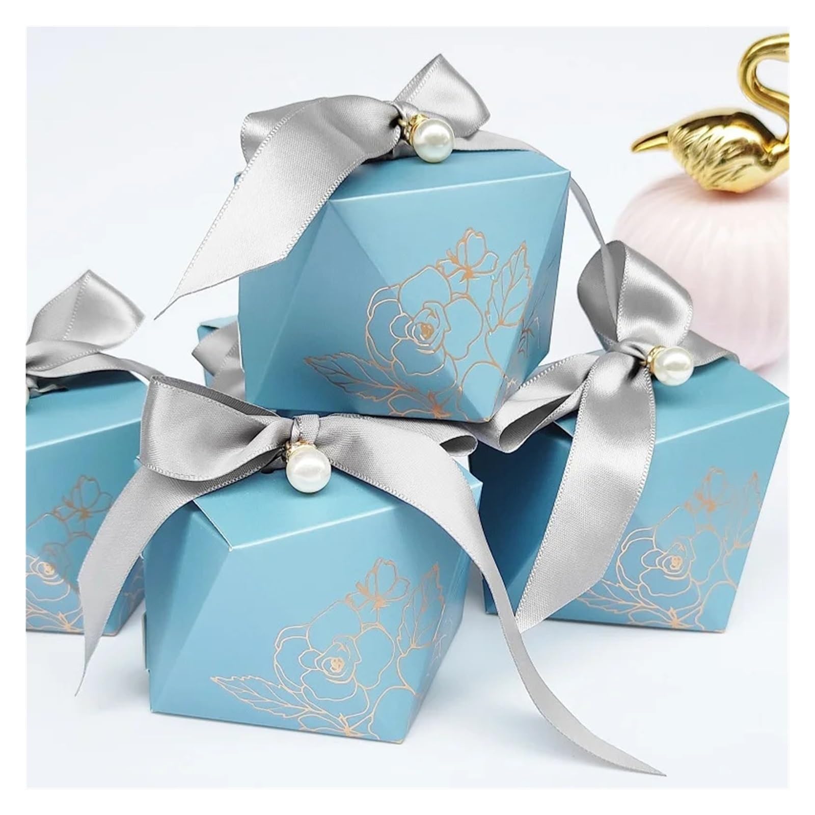Cajitas Regalo Pequeñas 50 cajas de papel for dulces con forma diamante, cinta, perlas, pasteles, galletas, joyas, fiestas, bodas y aniversarios(Blue1)