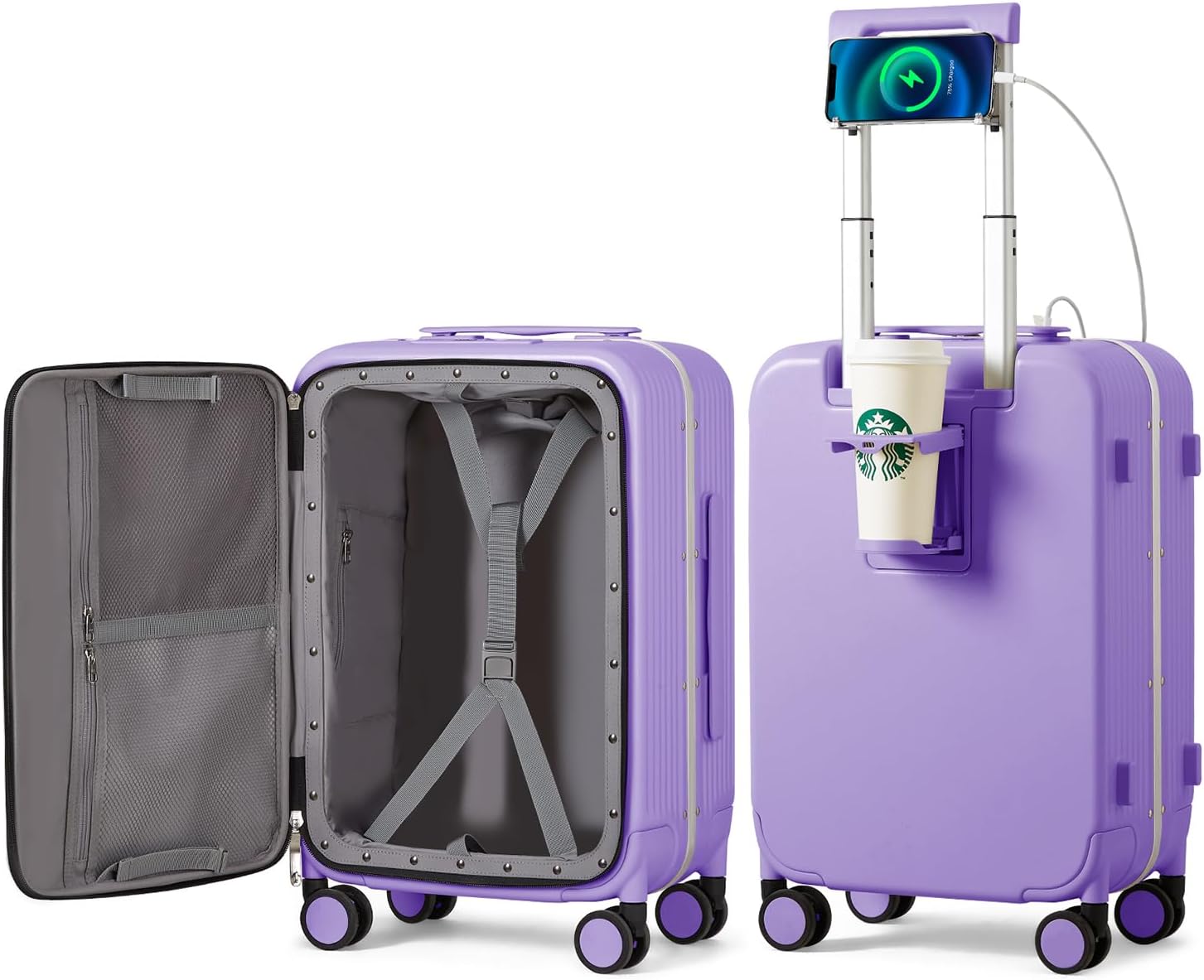 mixi Carry On Luggage with Cup Phone Holder and Charger Hard Shell Suitcases with Spinner Wheels,20 Inch Lilac Purple