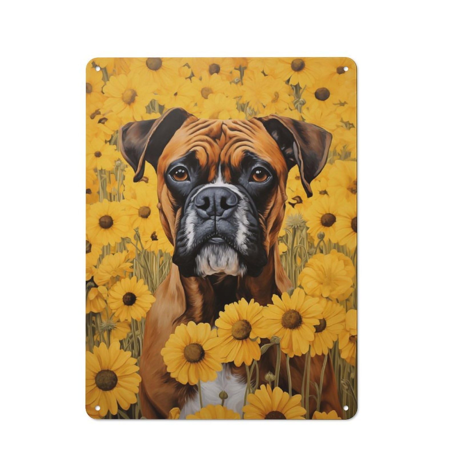 Junmoney Boxer Dog In Sunflowers Vintage Metal Sign 40X30cm For Pub Or Café, For Collectors Of Vintage Metal Wall Decor